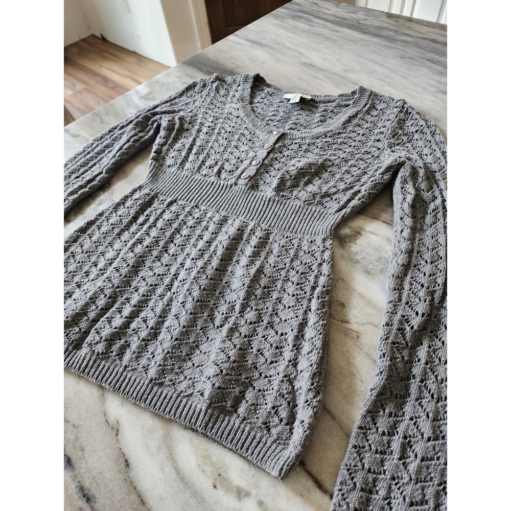 Ann Taylor LOFT Gray Pointelle Knit Henley Sweater Empire Waist Cotton XSP